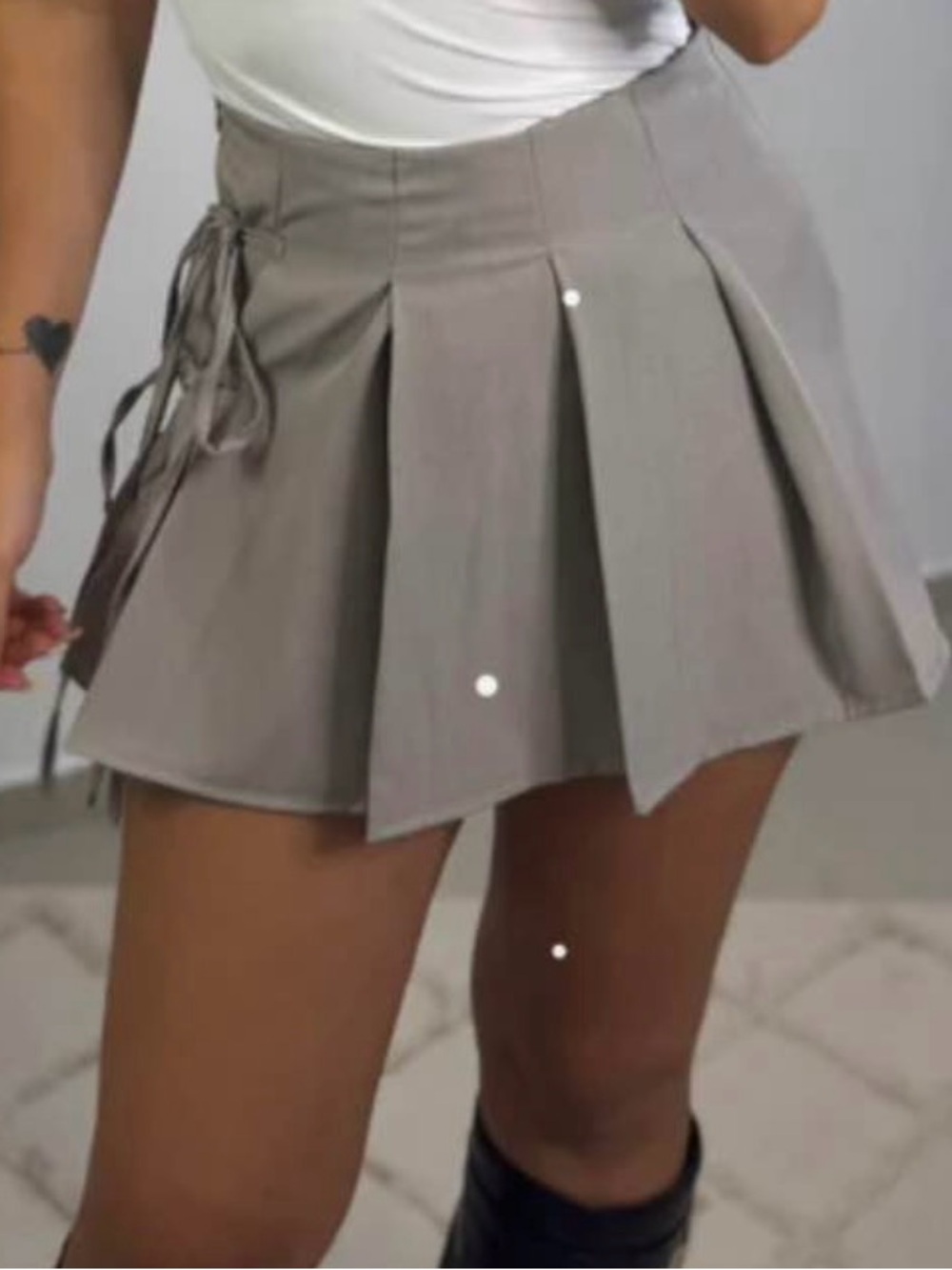 Pleated Lace-Up Mini Skirt in Taupe